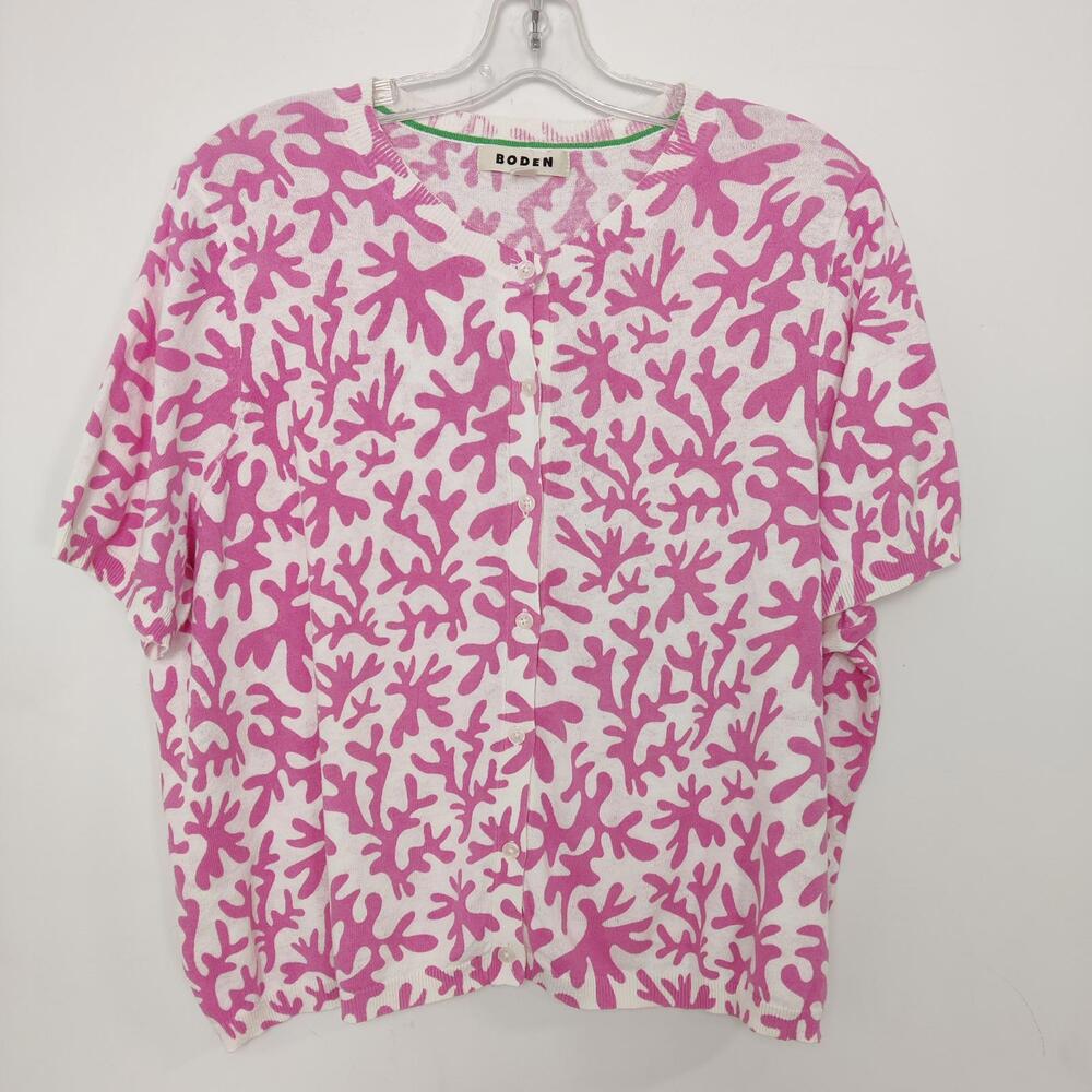 Boden Pink Coral Print Linen Blend Cardigan Size XL Beach Vacation Coastal